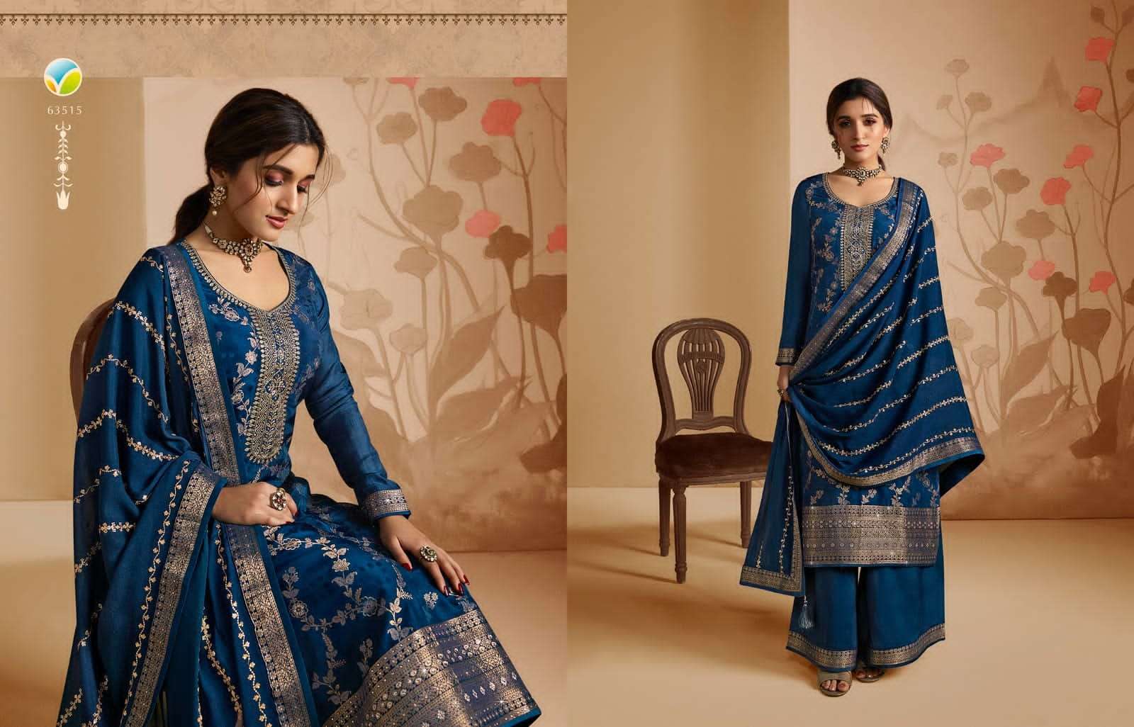 KASEESH SANA VOL-2 BY VINAY FASHION 63511 TO 63518 SERIES BEAUTIFUL STYLISH SUITS FANCY COLORFUL CASUAL WEAR & ETHNIC WEAR & READY TO WEAR PURE DOLA JACQUARD EMBROIDERED DRESSES AT WHOLESALE PRICE