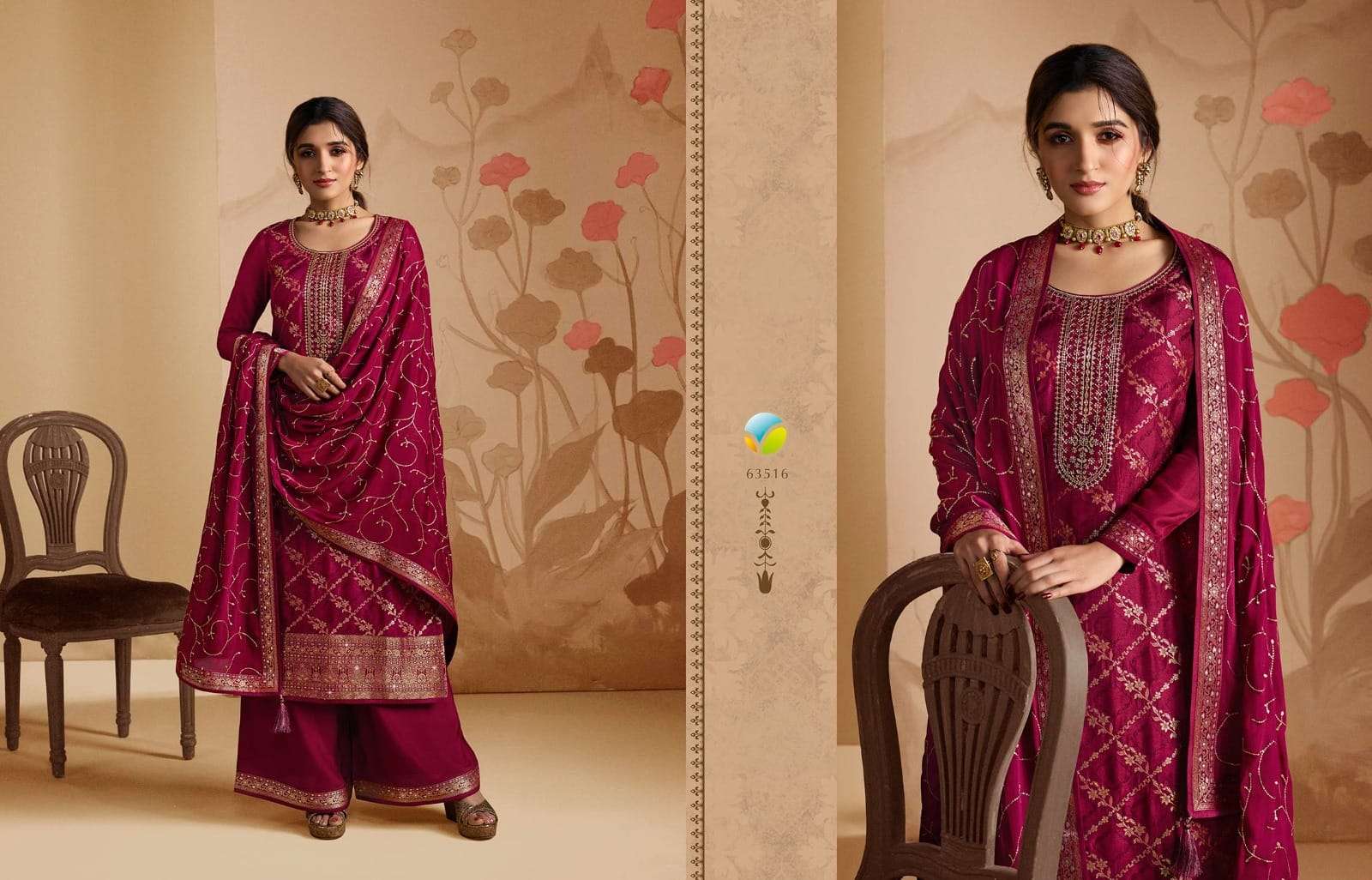 KASEESH SANA VOL-2 BY VINAY FASHION 63511 TO 63518 SERIES BEAUTIFUL STYLISH SUITS FANCY COLORFUL CASUAL WEAR & ETHNIC WEAR & READY TO WEAR PURE DOLA JACQUARD EMBROIDERED DRESSES AT WHOLESALE PRICE