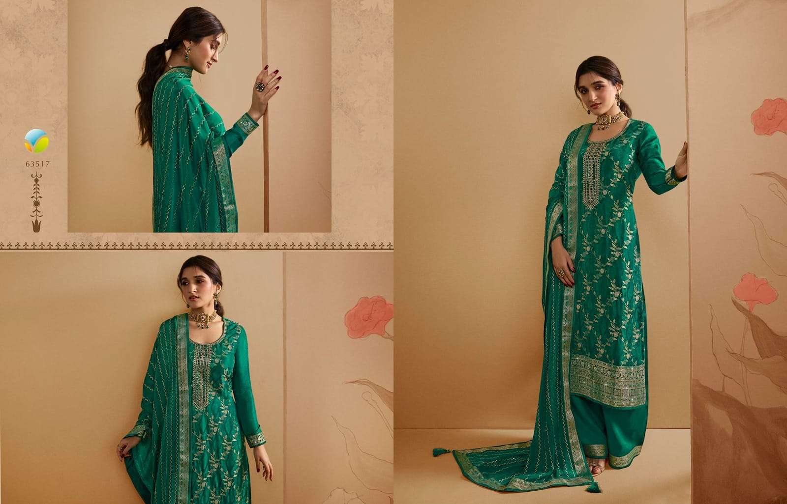 KASEESH SANA VOL-2 BY VINAY FASHION 63511 TO 63518 SERIES BEAUTIFUL STYLISH SUITS FANCY COLORFUL CASUAL WEAR & ETHNIC WEAR & READY TO WEAR PURE DOLA JACQUARD EMBROIDERED DRESSES AT WHOLESALE PRICE