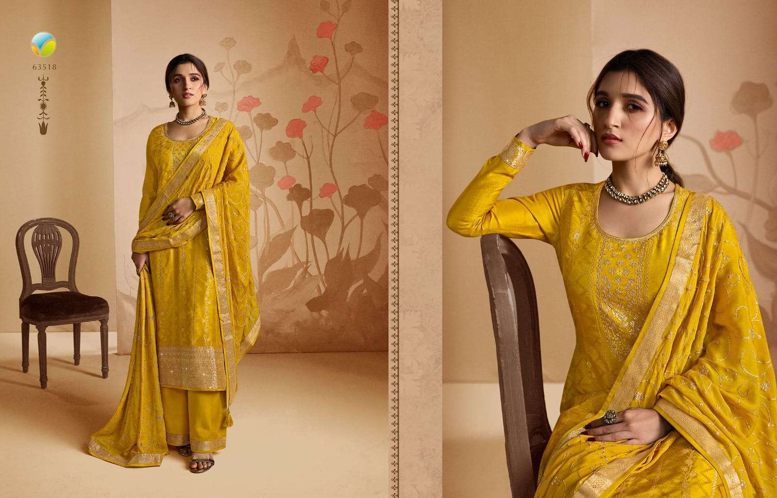 KASEESH SANA VOL-2 BY VINAY FASHION 63511 TO 63518 SERIES BEAUTIFUL STYLISH SUITS FANCY COLORFUL CASUAL WEAR & ETHNIC WEAR & READY TO WEAR PURE DOLA JACQUARD EMBROIDERED DRESSES AT WHOLESALE PRICE