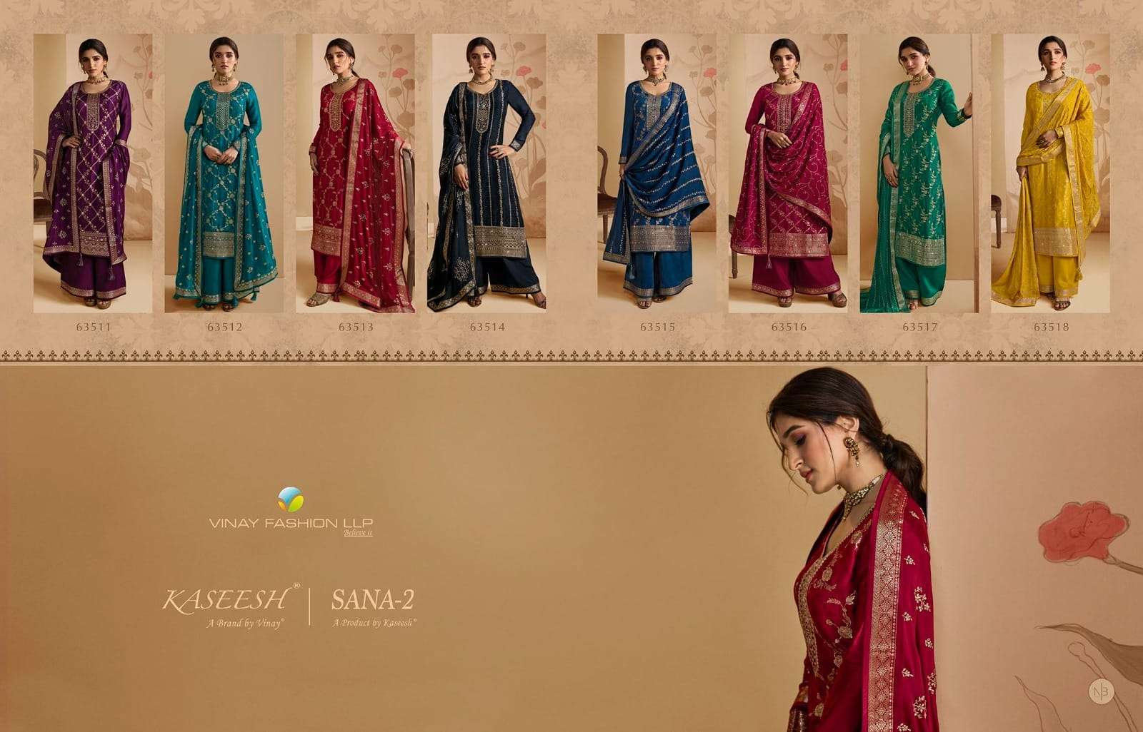 KASEESH SANA VOL-2 BY VINAY FASHION 63511 TO 63518 SERIES BEAUTIFUL STYLISH SUITS FANCY COLORFUL CASUAL WEAR & ETHNIC WEAR & READY TO WEAR PURE DOLA JACQUARD EMBROIDERED DRESSES AT WHOLESALE PRICE