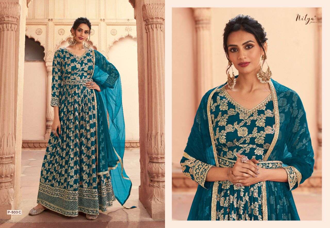Nitya 503 Colours By Lt Fabrics 503-A To 503-D Series Designer Anarkali Suits Collection Beautiful Stylish Fancy Colorful Party Wear & Occasional Wear Dola Jacquard Embroidered Dresses At Wholesale Price