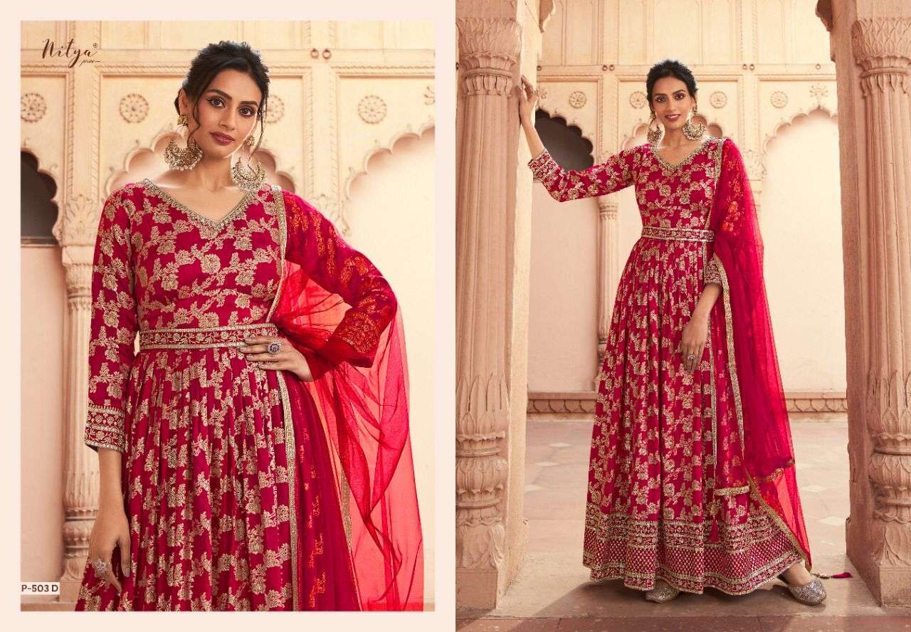 Nitya 503 Colours By Lt Fabrics 503-A To 503-D Series Designer Anarkali Suits Collection Beautiful Stylish Fancy Colorful Party Wear & Occasional Wear Dola Jacquard Embroidered Dresses At Wholesale Price