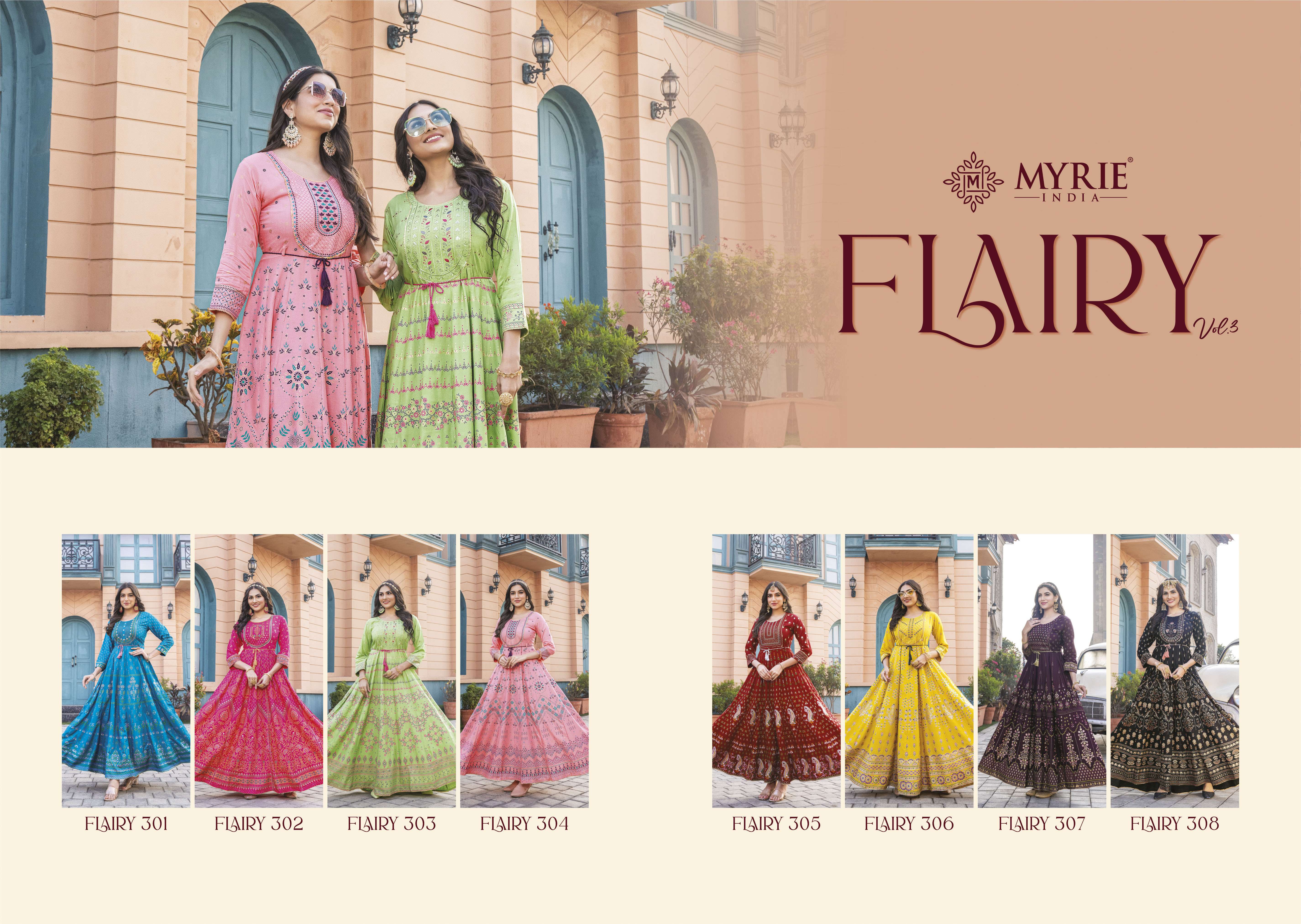 Flairy Vol-3 By Myrie 301 To 308 Series Beautiful Suits Colorful Stylish Fancy Casual Wear & Ethnic Wear Rayon Print Gowns At Wholesale Price