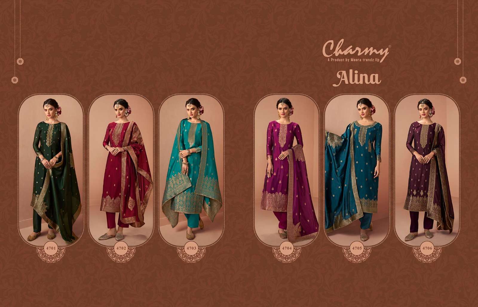 ALINA BY CHARMY 4701 TO 4706 SERIES BEAUTIFUL SUITS COLORFUL STYLISH FANCY CASUAL WEAR & ETHNIC WEAR VICHITRA SILK EMBROIDERED DRESSES AT WHOLESALE PRICE