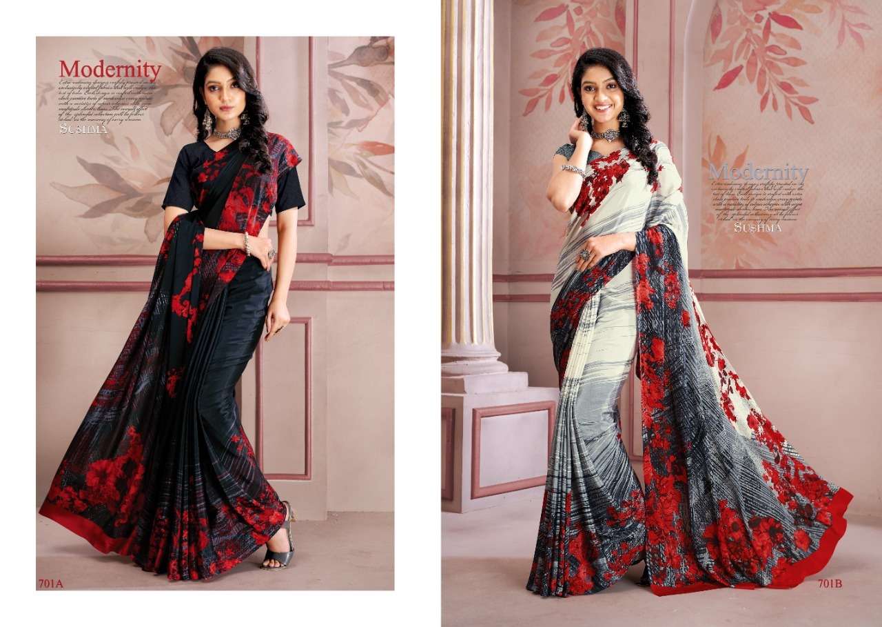 Uniqueness By Sushma Indian Traditional Wear Collection Beautiful Stylish Fancy Colorful Party Wear & Occasional Wear Crepe Sarees At Wholesale Price