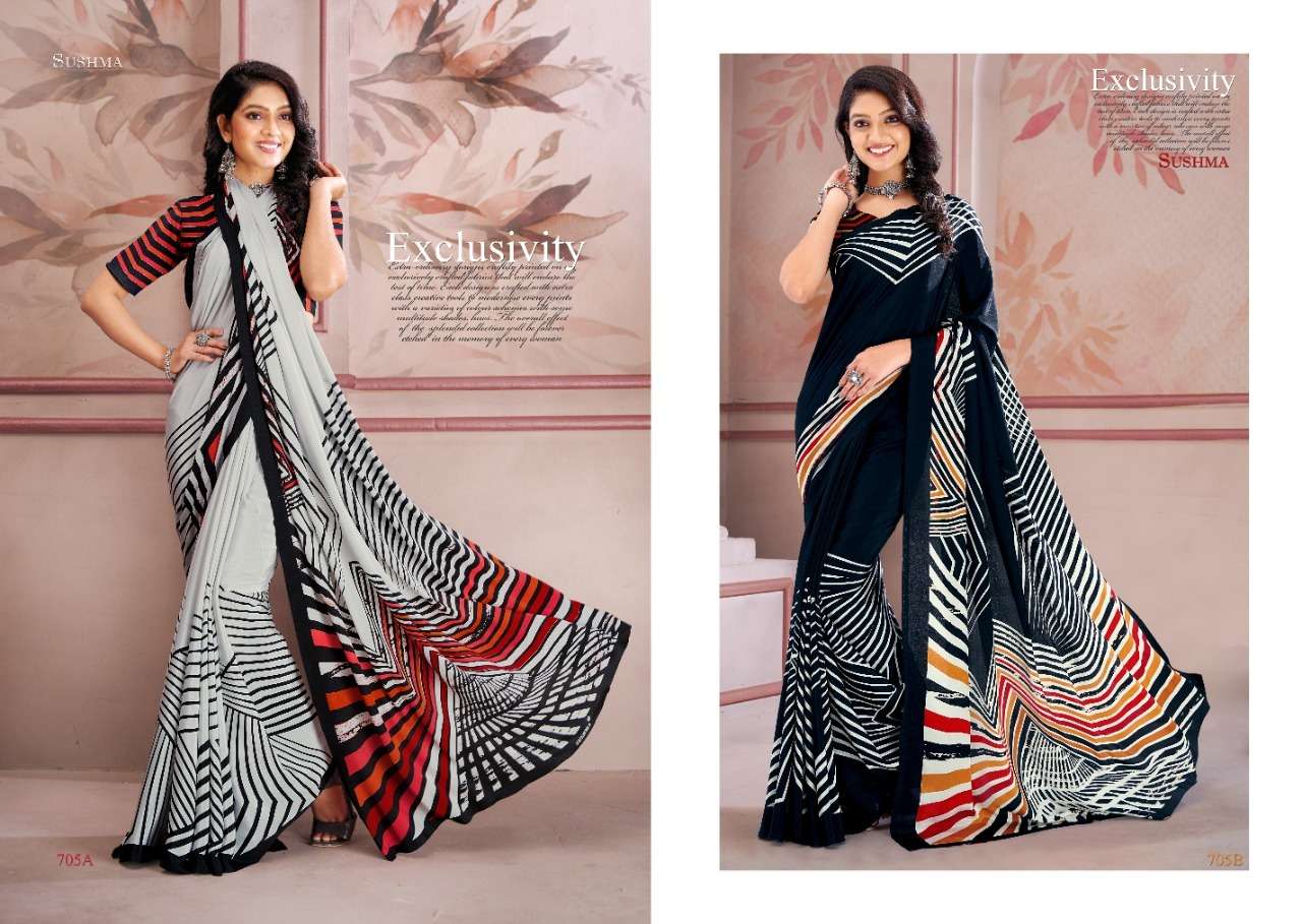 Uniqueness By Sushma Indian Traditional Wear Collection Beautiful Stylish Fancy Colorful Party Wear & Occasional Wear Crepe Sarees At Wholesale Price