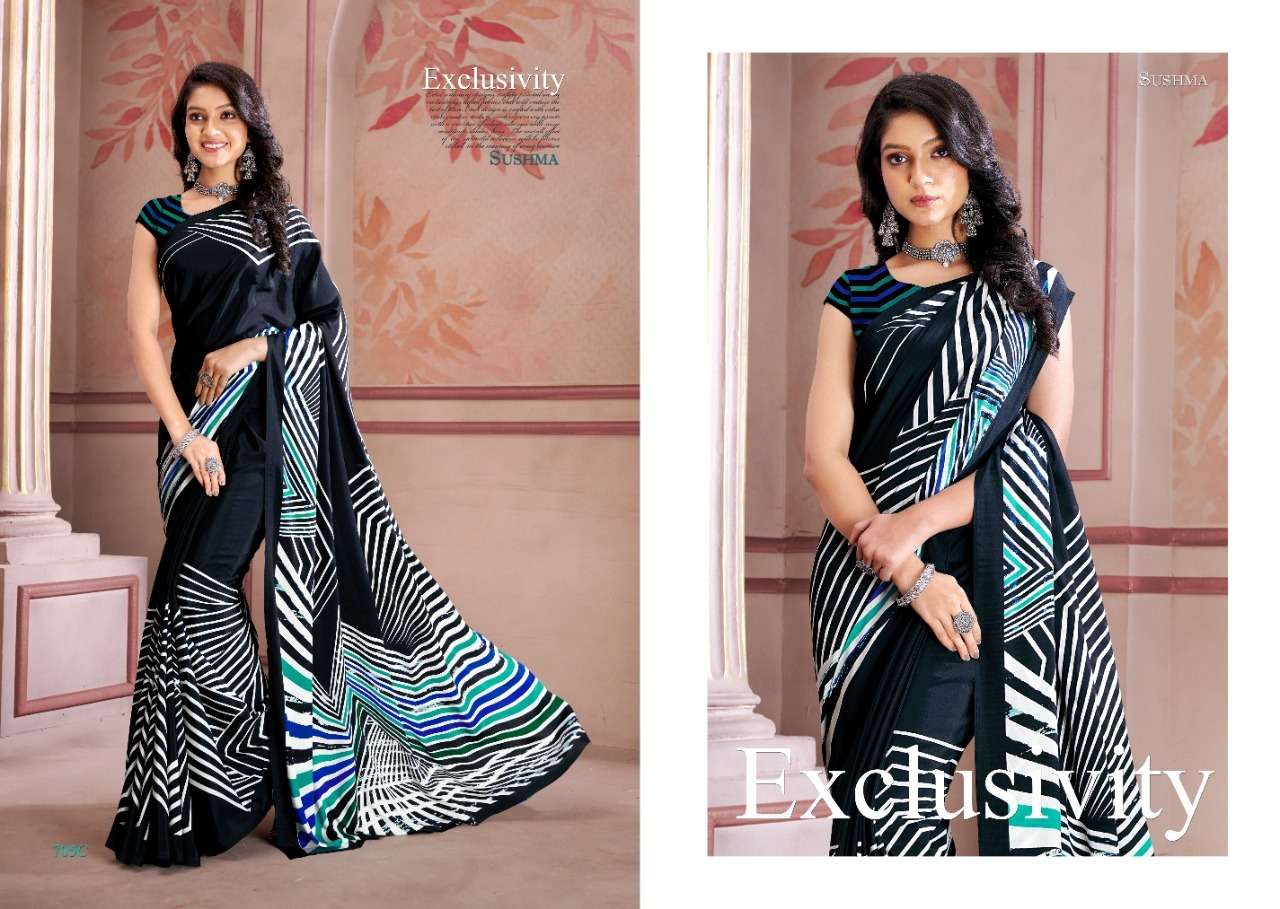 Uniqueness By Sushma Indian Traditional Wear Collection Beautiful Stylish Fancy Colorful Party Wear & Occasional Wear Crepe Sarees At Wholesale Price