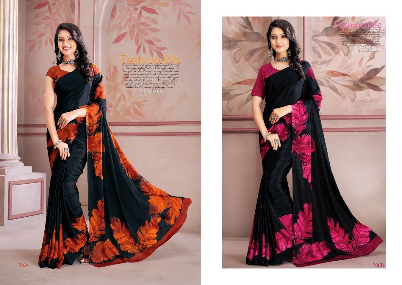 Uniqueness By Sushma Indian Traditional Wear Collection Beautiful Stylish Fancy Colorful Party Wear & Occasional Wear Crepe Sarees At Wholesale Price