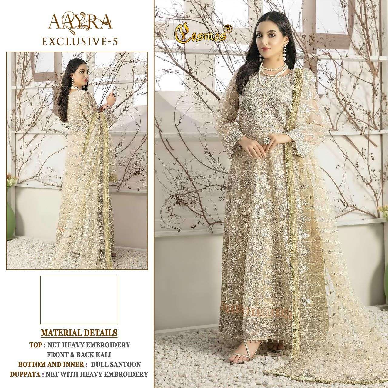 AAYRA EXCLUSIVE-5 BY COSMOS DESIGNER PAKISTANI SUITS BEAUTIFUL STYLISH FANCY COLORFUL PARTY WEAR & OCCASIONAL WEAR NET EMBROIDERED DRESSES AT WHOLESALE PRICE