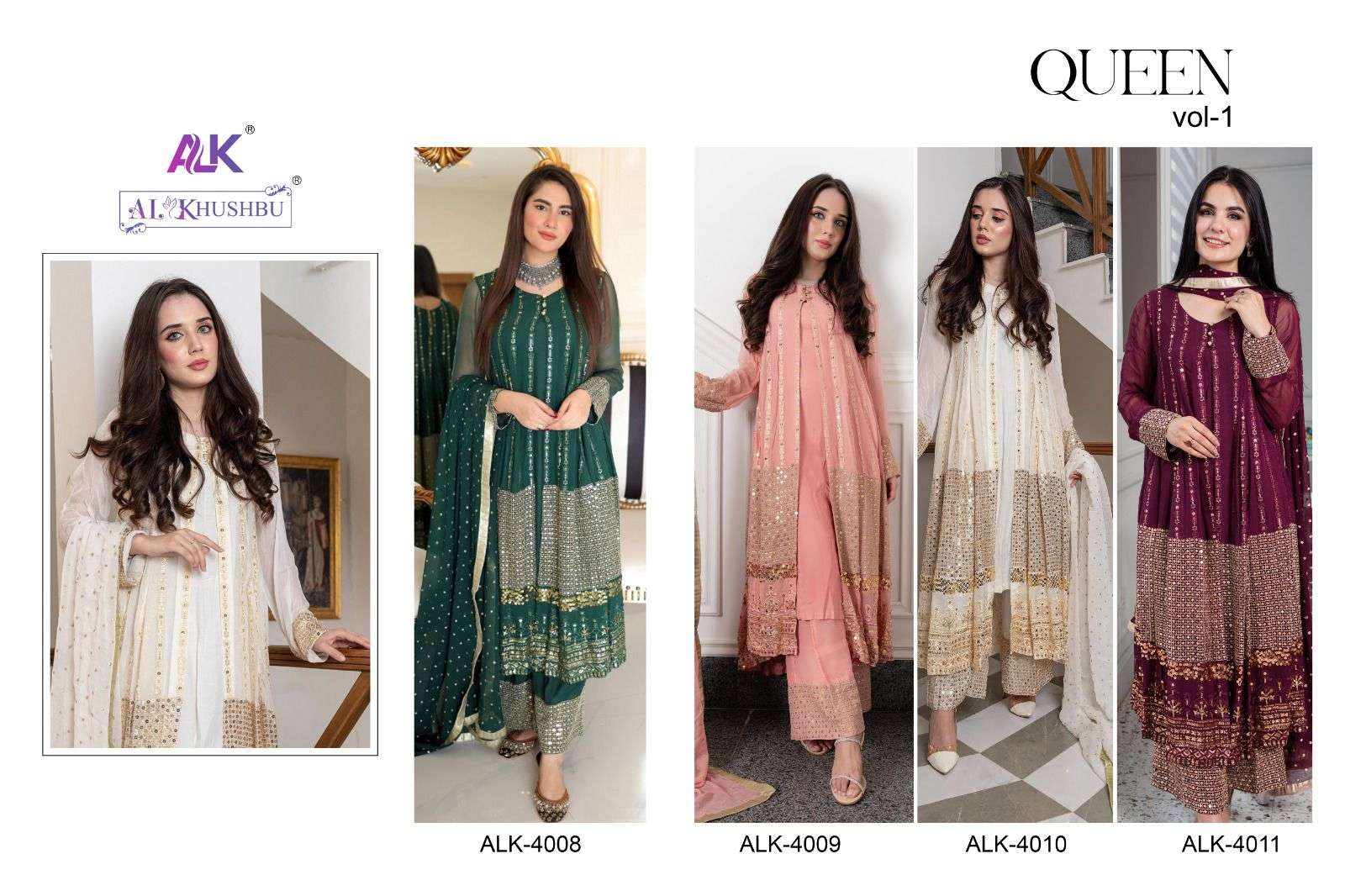 Queen Vol-1 By Al Khushbu 4008 To 4011 Series Designer Pakistani Suits Beautiful Stylish Fancy Colorful Party Wear & Occasional Wear Faux Georgette Embroidered Dresses At Wholesale Price