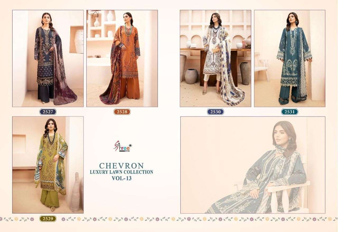 Chevron Luxury Lawn Collection Vol-13 By Shree Fabs 2527 To 2531 Series S Pakistani Suits Beautiful Fancy Colorful Stylish Party Wear & Occasional Wear Pure Cotton Print With Embroidery Dresses At Wholesale Price