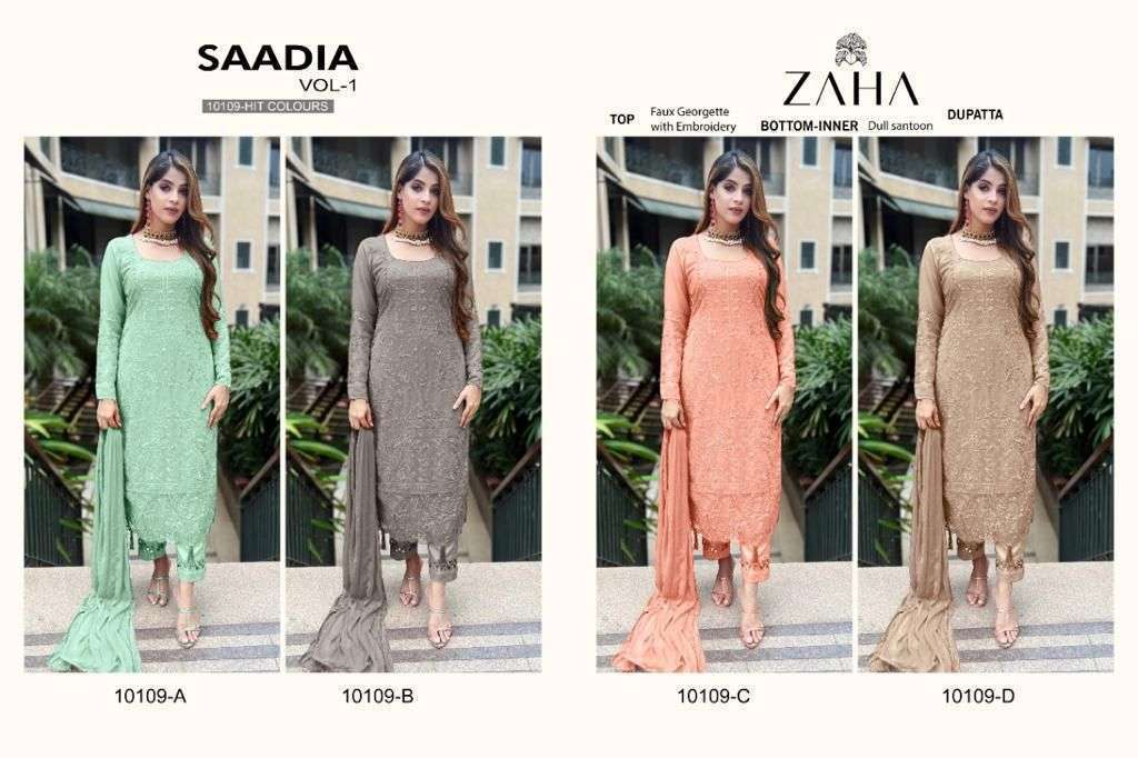 Saadia Vol-1 By Zaha 10109-A To 10109-D Series Beautiful Pakistani Suits Colorful Stylish Fancy Casual Wear & Ethnic Wear Faux Georgette Embroidered Dresses At Wholesale Price