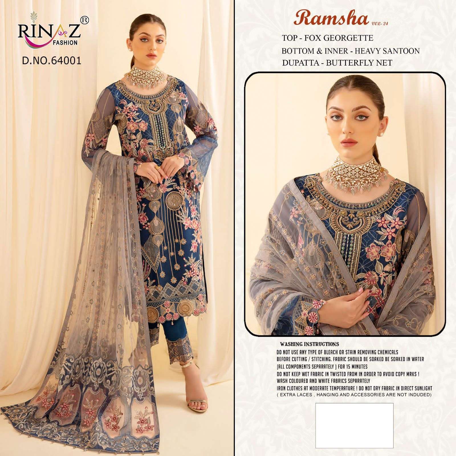 RAMSHA VOL-24 BY RINAZ FASHION 64001 TO 64004 SERIES DESIGNER PAKISTANI SUITS COLLECTION BEAUTIFUL STYLISH COLORFUL FANCY PARTY WEAR & OCCASIONAL WEAR FAUX GEORGETTE DRESSES AT WHOLESALE PRICE