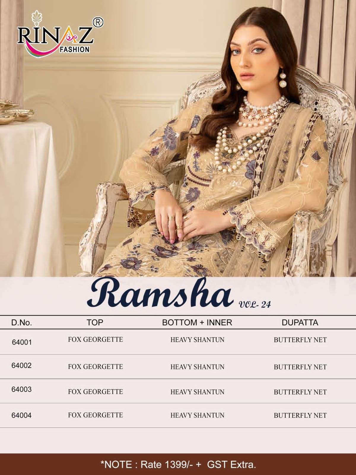 RAMSHA VOL-24 BY RINAZ FASHION 64001 TO 64004 SERIES DESIGNER PAKISTANI SUITS COLLECTION BEAUTIFUL STYLISH COLORFUL FANCY PARTY WEAR & OCCASIONAL WEAR FAUX GEORGETTE DRESSES AT WHOLESALE PRICE