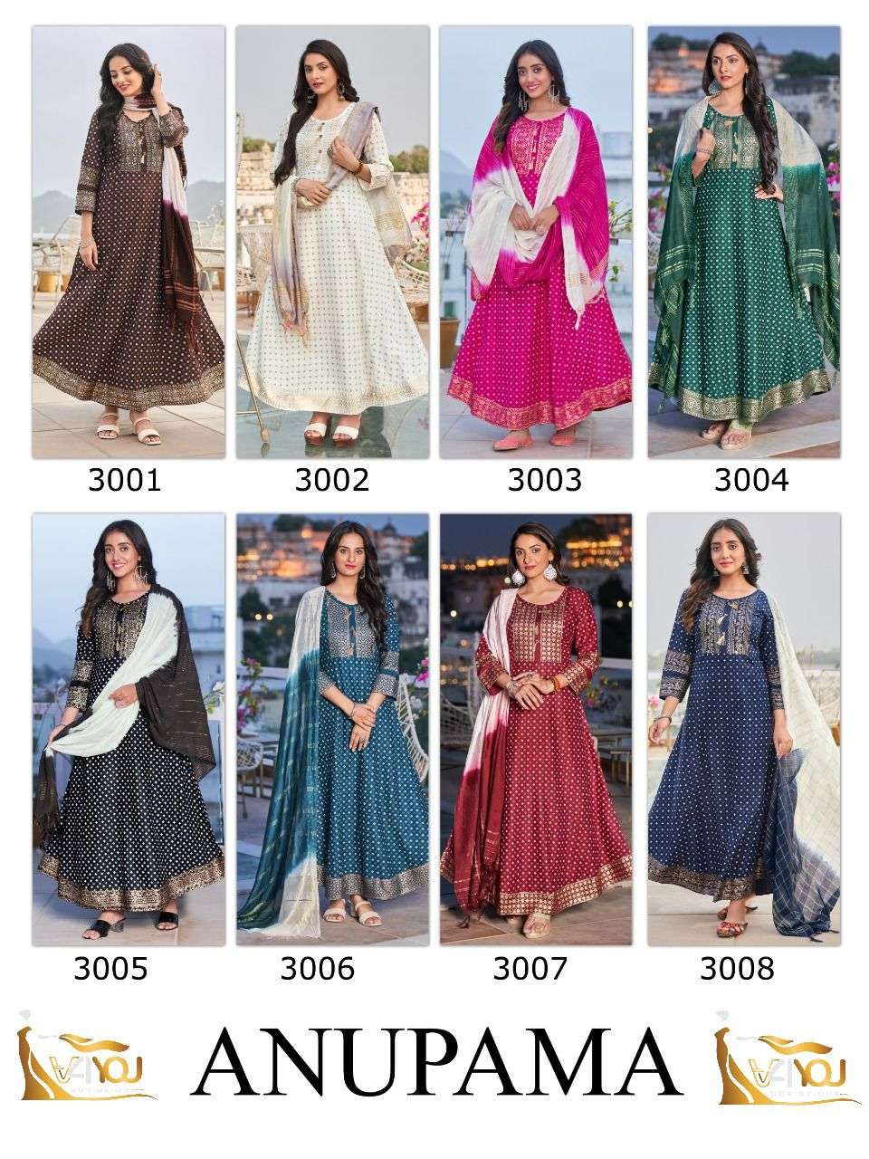 ANUPAMA BY V4YOU 3001 TO 3008 SERIES BEAUTIFUL STYLISH FANCY COLORFUL CASUAL WEAR & ETHNIC WEAR DOLA SILK GOWNS WITH DUPATTA AT WHOLESALE PRICE