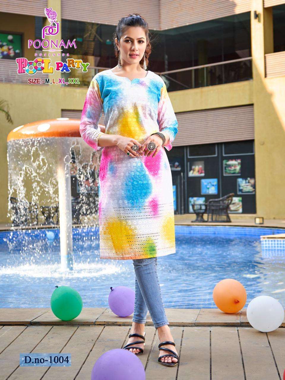 POOL PARTY BY POONAM DESIGNER 1001 TO 1008 SERIES DESIGNER STYLISH FANCY COLORFUL BEAUTIFUL PARTY WEAR & ETHNIC WEAR COLLECTION COTTON PRINT KURTIS AT WHOLESALE PRICE