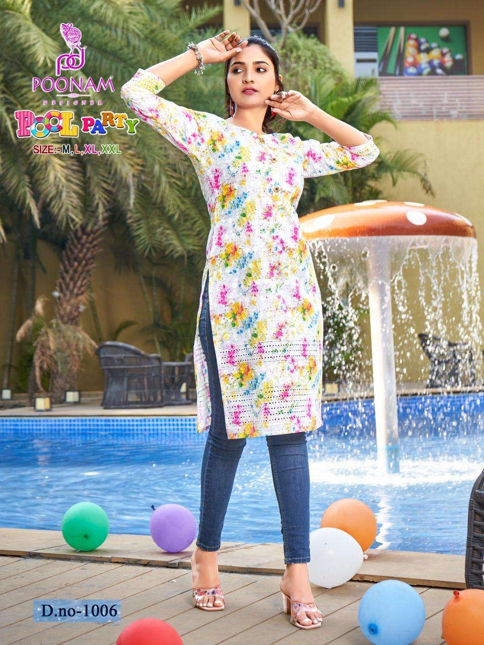 POOL PARTY BY POONAM DESIGNER 1001 TO 1008 SERIES DESIGNER STYLISH FANCY COLORFUL BEAUTIFUL PARTY WEAR & ETHNIC WEAR COLLECTION COTTON PRINT KURTIS AT WHOLESALE PRICE