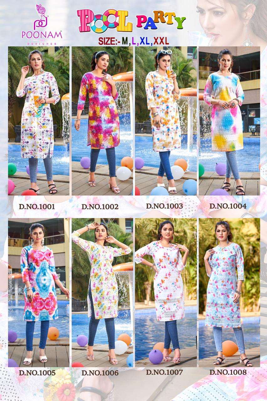 POOL PARTY BY POONAM DESIGNER 1001 TO 1008 SERIES DESIGNER STYLISH FANCY COLORFUL BEAUTIFUL PARTY WEAR & ETHNIC WEAR COLLECTION COTTON PRINT KURTIS AT WHOLESALE PRICE