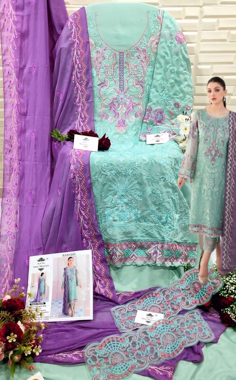 SM-137 BY SANA MARYAM PAKISTANI SUITS BEAUTIFUL FANCY COLORFUL STYLISH PARTY WEAR & OCCASIONAL WEAR FAUX GEORGETTE EMBROIDERY DRESSES AT WHOLESALE PRICE
