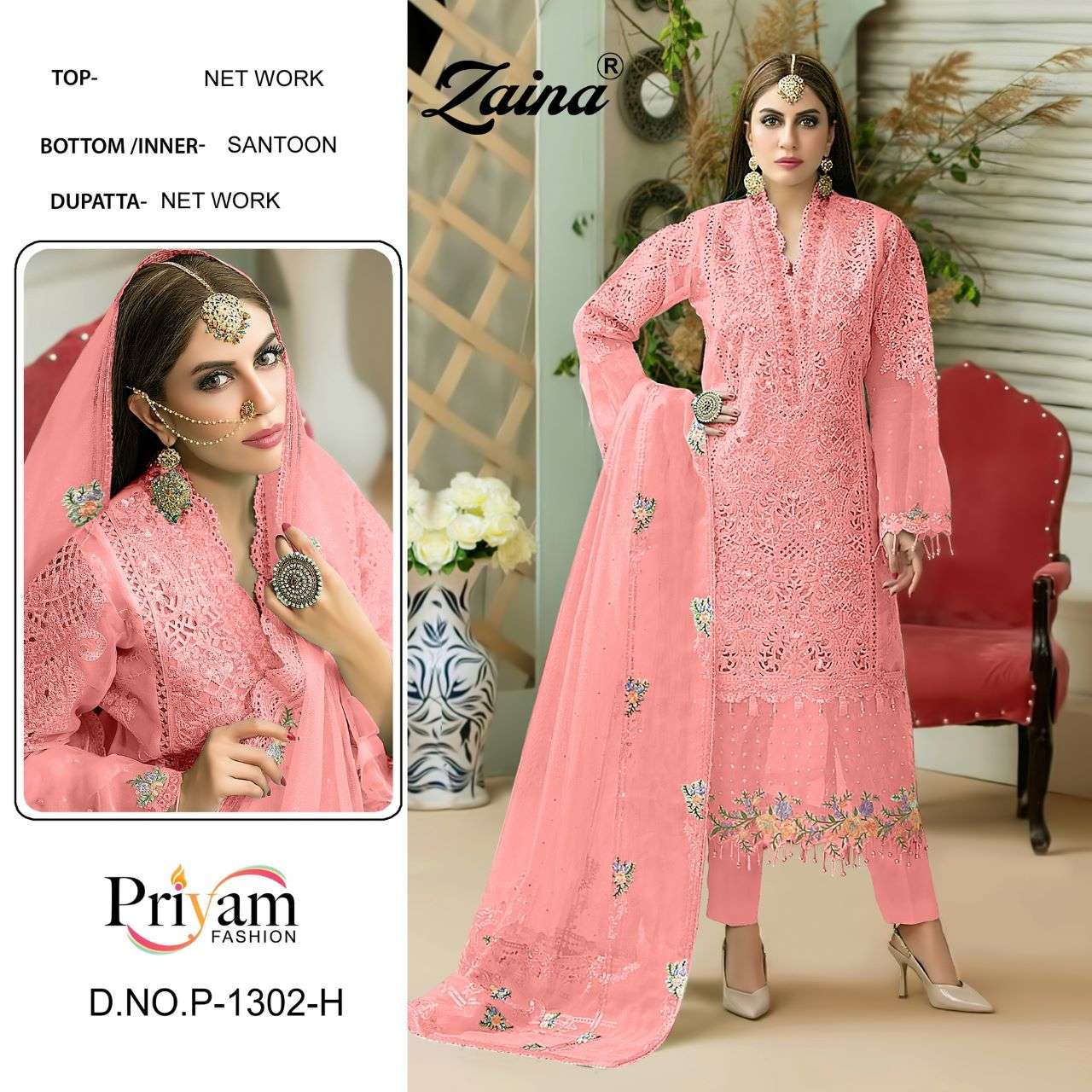 ZAINA-1302 COLOURS BY PRIYAM FASHION 1302-E TO 1302-H SERIES BEAUTIFUL PAKISTANI SUITS COLORFUL STYLISH FANCY CASUAL WEAR & ETHNIC WEAR FAUX GEORGETTE DRESSES AT WHOLESALE PRICE