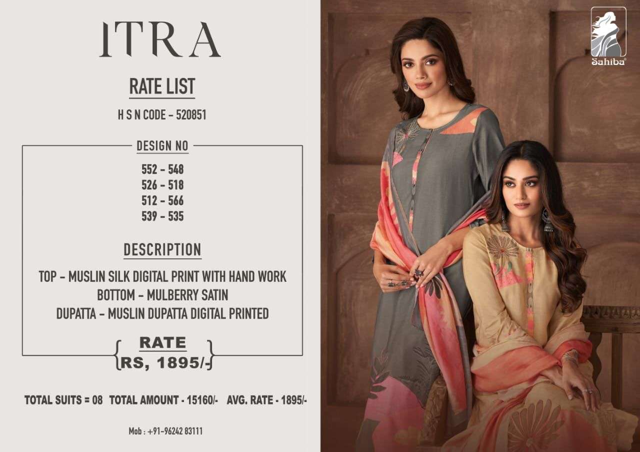 ITRA BY SAHIBA FABRICS BEAUTIFUL SUITS COLORFUL STYLISH FANCY CASUAL WEAR & ETHNIC WEAR MUSLIN SILK DRESSES AT WHOLESALE PRICE