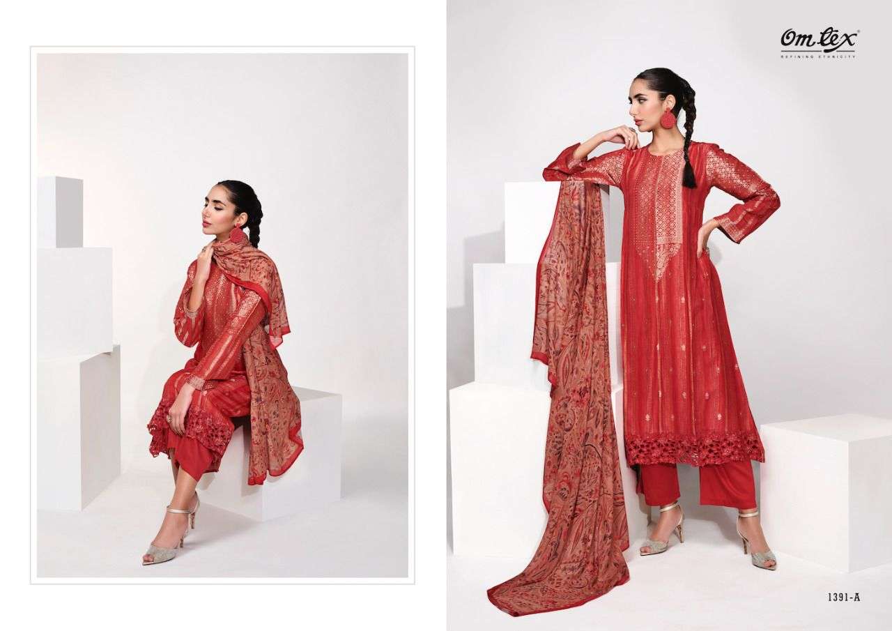 SCARLET BY OM TEX 1391-A TO 1391-D SERIES DESIGNER SUITS COLLECTION BEAUTIFUL STYLISH COLORFUL FANCY PARTY WEAR & OCCASIONAL WEAR SILK JACQUARD DRESSES AT WHOLESALE PRICE