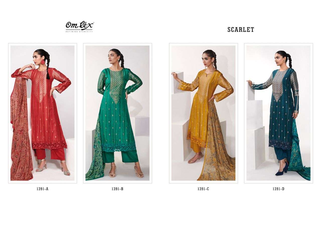 SCARLET BY OM TEX 1391-A TO 1391-D SERIES DESIGNER SUITS COLLECTION BEAUTIFUL STYLISH COLORFUL FANCY PARTY WEAR & OCCASIONAL WEAR SILK JACQUARD DRESSES AT WHOLESALE PRICE