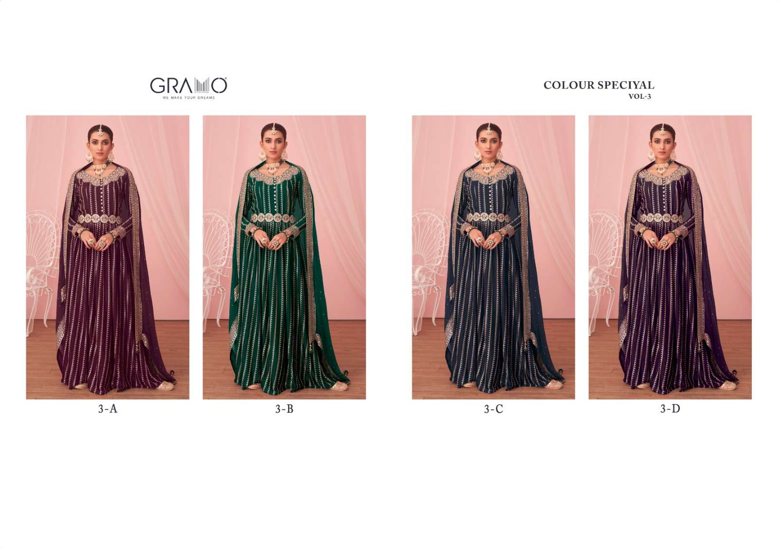 COLOURS SPECIAL VOL-3 BY GRAMO 3-A TO 3-D SERIES BEAUTIFUL ANARKALI SUITS STYLISH COLORFUL FANCY CASUAL WEAR & ETHNIC WEAR GEORGETTE DRESSES AT WHOLESALE PRICE