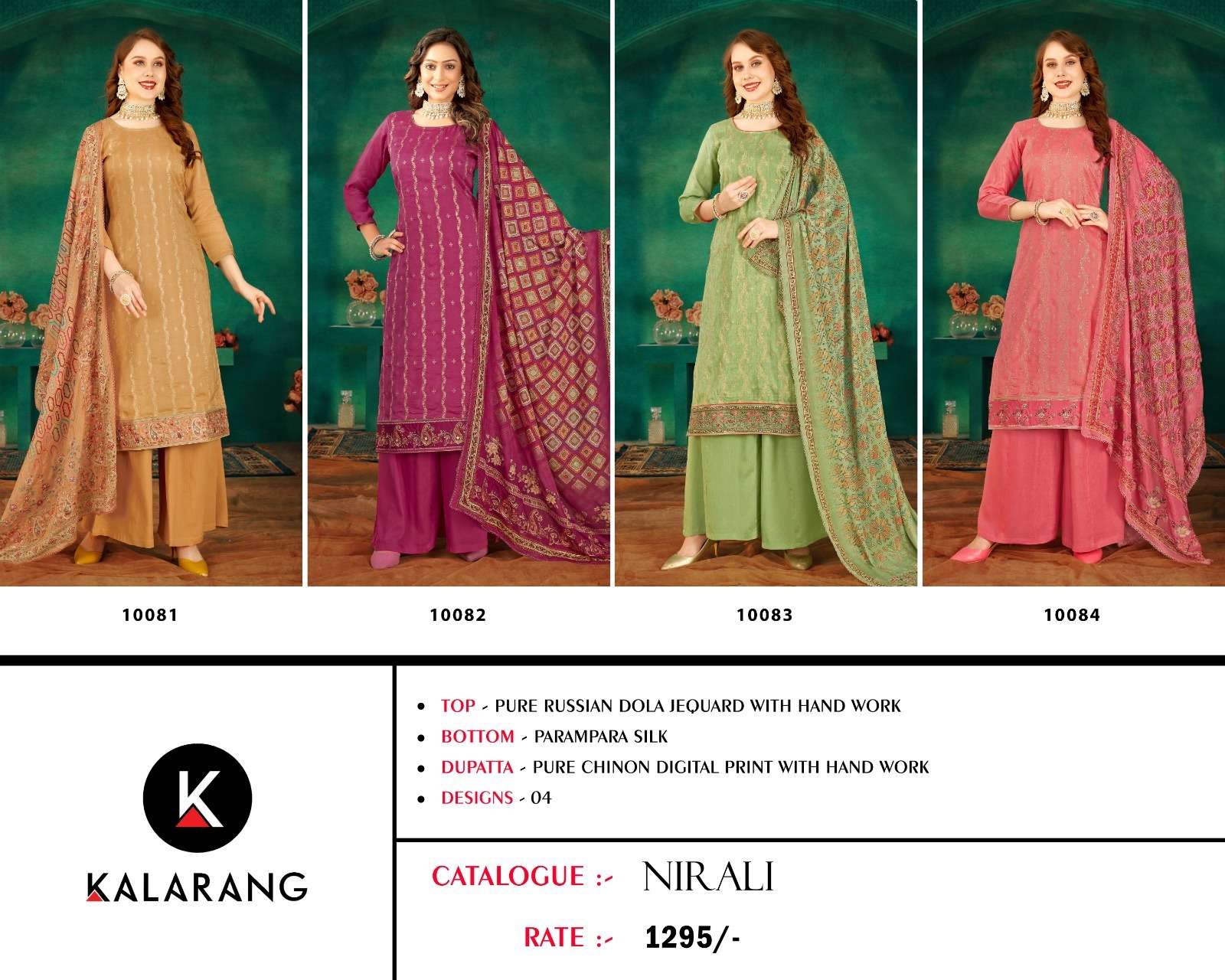 Nirali By Kalarang 10081 To 10084 Series Beautiful Indian Suits Colorful Stylish Fancy Casual Wear & Ethnic Wear Pure Dola Jacquard Embroidered Dresses At Wholesale Price