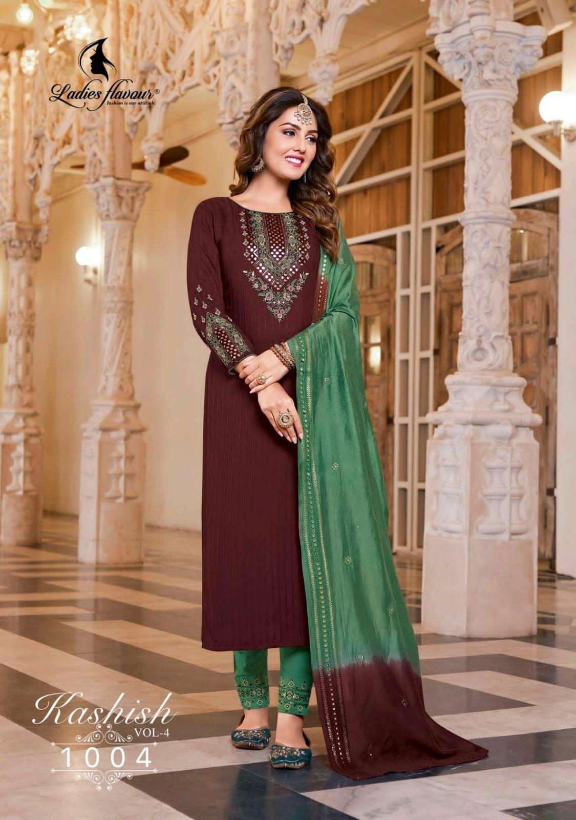 KASHISH VOL 4 BY LADIES FLAVOUR 1001 TO 1006 SERIES BEAUTIFUL INDIAN SUITS COLORFUL STYLISH FANCY