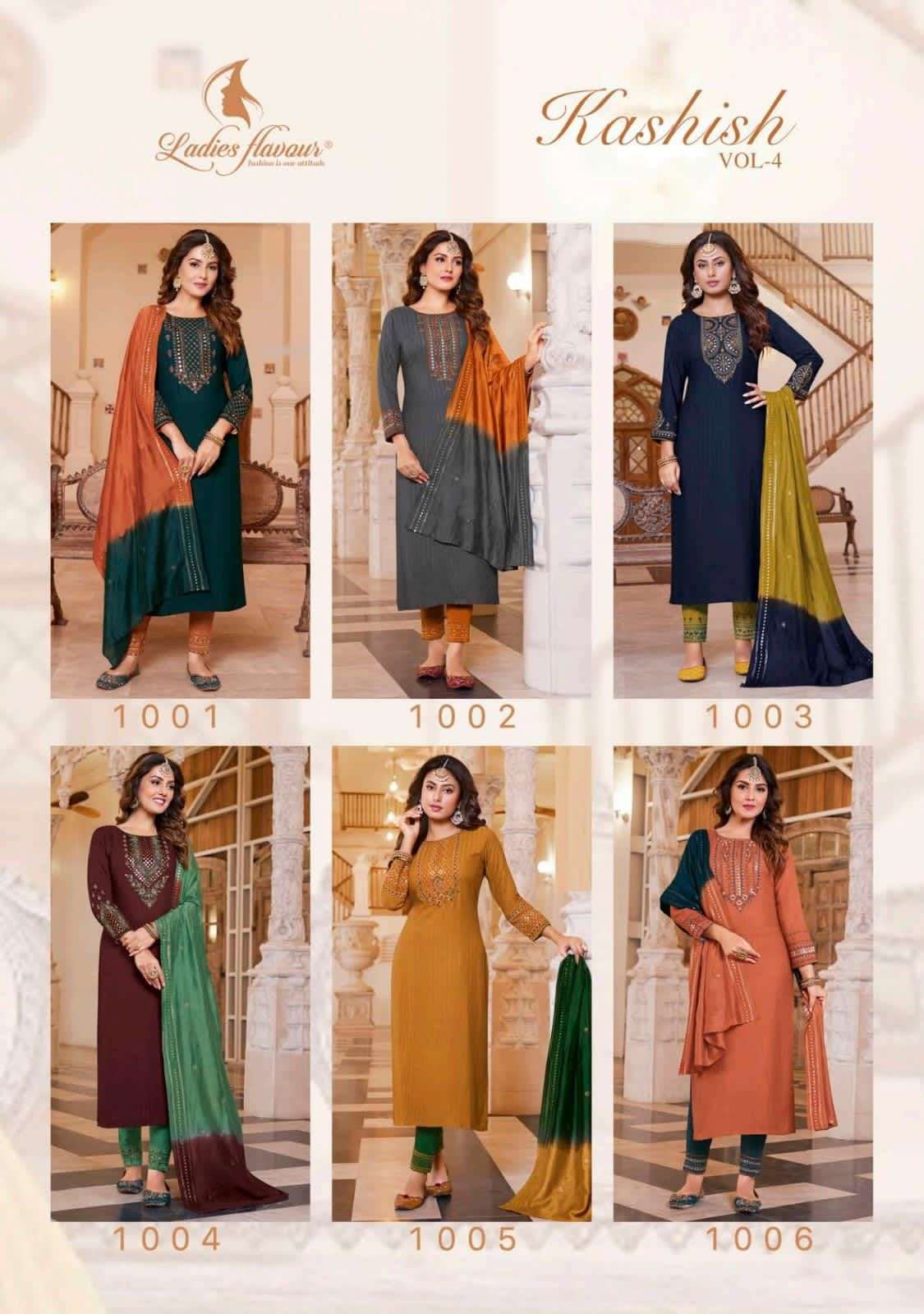 KASHISH VOL-4 BY LADIES FLAVOUR 1001 TO 1006 SERIES BEAUTIFUL INDIAN SUITS COLORFUL STYLISH FANCY CASUAL WEAR & ETHNIC WEAR PURE RAYON EMBROIDERED DRESSES AT WHOLESALE PRICE