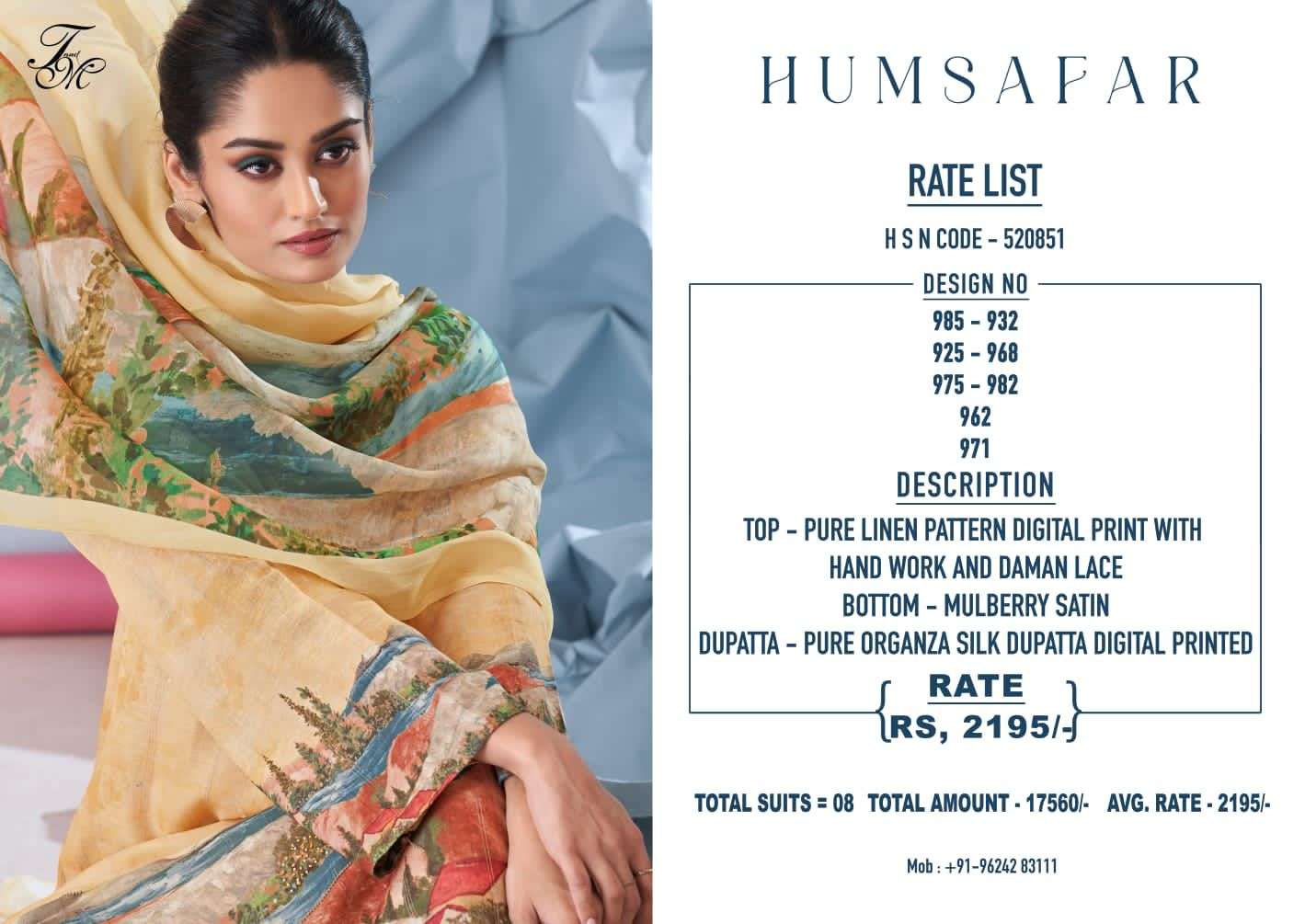 HUMSAFAR BY T AND M DESIGNER BEAUTIFUL FESTIVE SUITS COLORFUL STYLISH FANCY CASUAL WEAR & ETHNIC WEAR PURE LINEN DRESSES AT WHOLESALE PRICE
