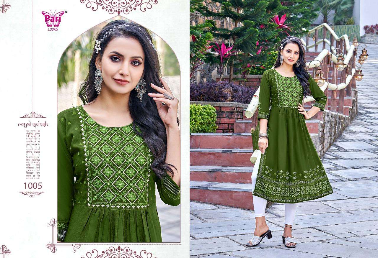 NAVYA VOL-2 BY PARI 1001 TO 1006 SERIES DESIGNER STYLISH FANCY COLORFUL BEAUTIFUL PARTY WEAR & ETHNIC WEAR COLLECTION RAYON PRINT KURTIS AT WHOLESALE PRICE