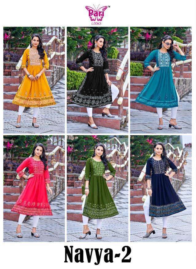 NAVYA VOL-2 BY PARI 1001 TO 1006 SERIES DESIGNER STYLISH FANCY COLORFUL BEAUTIFUL PARTY WEAR & ETHNIC WEAR COLLECTION RAYON PRINT KURTIS AT WHOLESALE PRICE