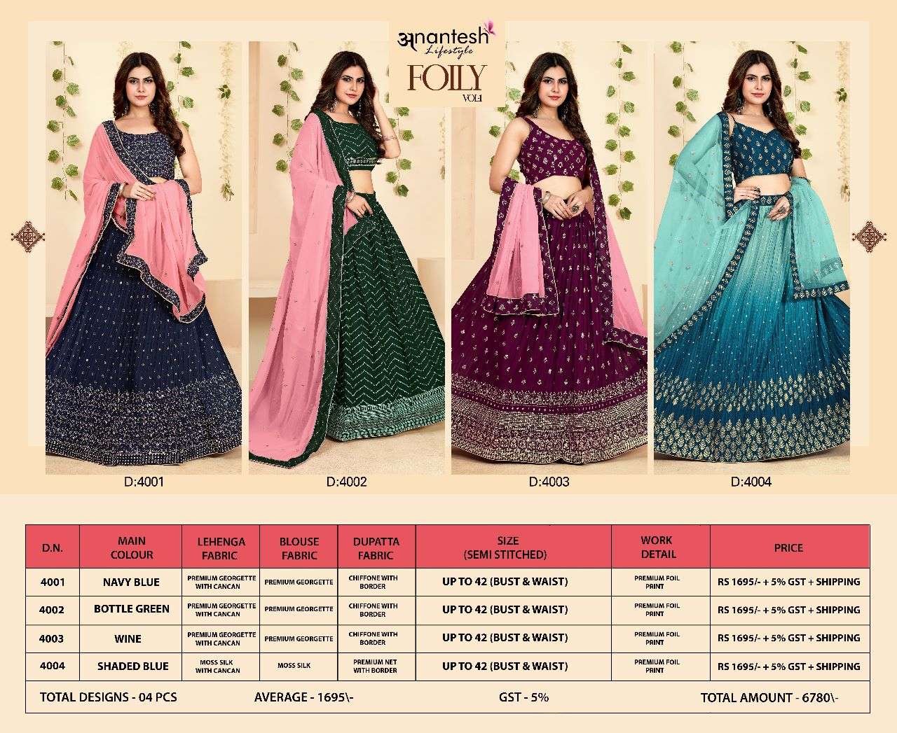 Foily Vol-4 By Anantesh 4001 To 4004 Series Indian Traditional Beautiful Stylish Designer Banarasi Silk Jacquard Embroidered Party Wear Heavy Georgette Lehengas At Wholesale Price