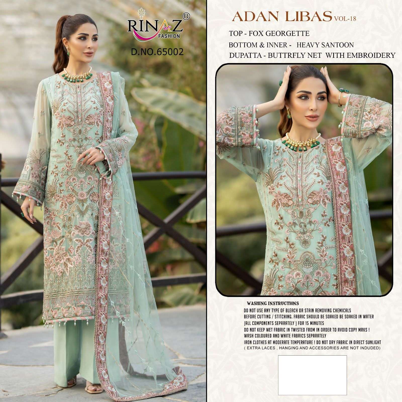 ADAN LIBAS VOL-18 BY RINAZ FASHION 65001 TO 65005 SERIES BEAUTIFUL STYLISH PAKISTANI SUITS FANCY COLORFUL CASUAL WEAR & ETHNIC WEAR & READY TO WEAR FAUX GEORGETTE EMBROIDERY DRESSES AT WHOLESALE PRICE