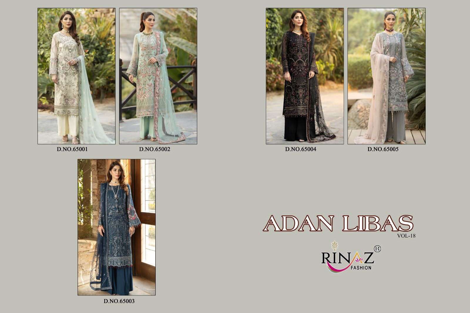 ADAN LIBAS VOL-18 BY RINAZ FASHION 65001 TO 65005 SERIES BEAUTIFUL STYLISH PAKISTANI SUITS FANCY COLORFUL CASUAL WEAR & ETHNIC WEAR & READY TO WEAR FAUX GEORGETTE EMBROIDERY DRESSES AT WHOLESALE PRICE