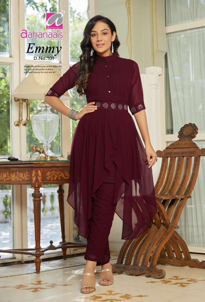 EMMY BY AAHANAAS 101 TO 105 SERIES DESIGNER STYLISH FANCY COLORFUL BEAUTIFUL PARTY WEAR & ETHNIC WEAR COLLECTION GEORGETTE TOPS WITH BOTTOM AT WHOLESALE PRICE