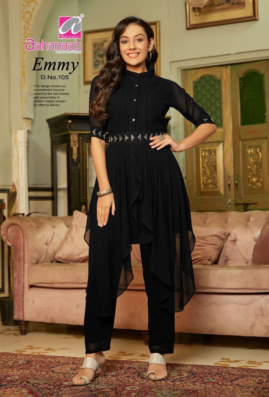 EMMY BY AAHANAAS 101 TO 105 SERIES DESIGNER STYLISH FANCY COLORFUL BEAUTIFUL PARTY WEAR & ETHNIC WEAR COLLECTION GEORGETTE TOPS WITH BOTTOM AT WHOLESALE PRICE