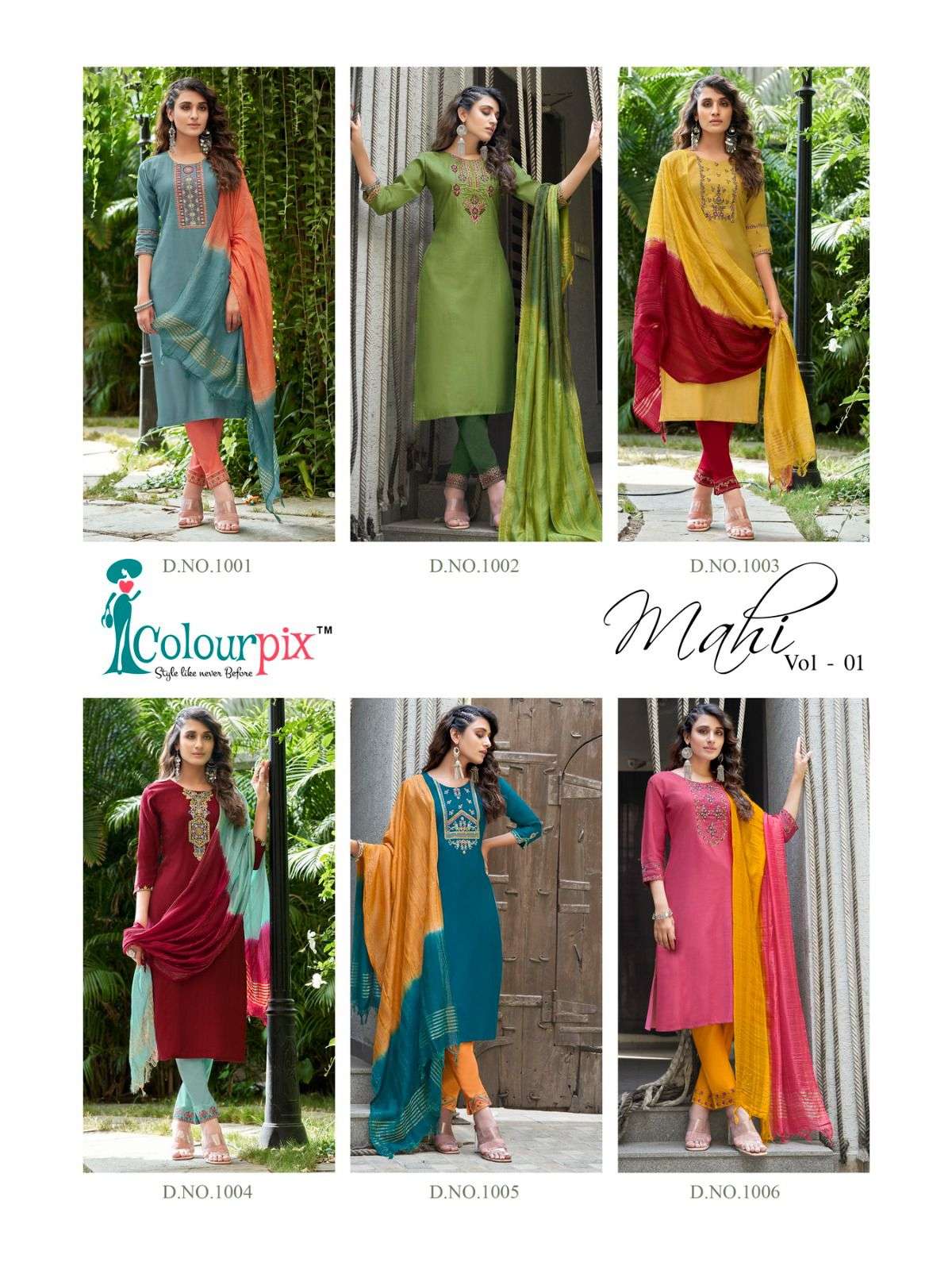 MAHI VOL-1 BY COLOURPIX 1001 TO 1006 SERIES DESIGNER SUITS BEAUTIFUL STYLISH FANCY COLORFUL PARTY WEAR & ETHNIC WEAR VISCOSE RAYON DRESSES AT WHOLESALE PRICE