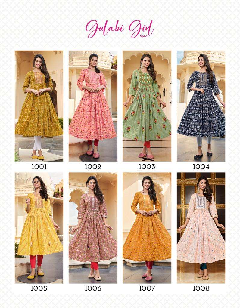 GULABI GIRL VOL-1 BY DIYA TRENDS 1001 TO 1008 SERIES DESIGNER STYLISH FANCY COLORFUL BEAUTIFUL PARTY WEAR & ETHNIC WEAR COLLECTION COTTON KURTIS AT WHOLESALE PRICE