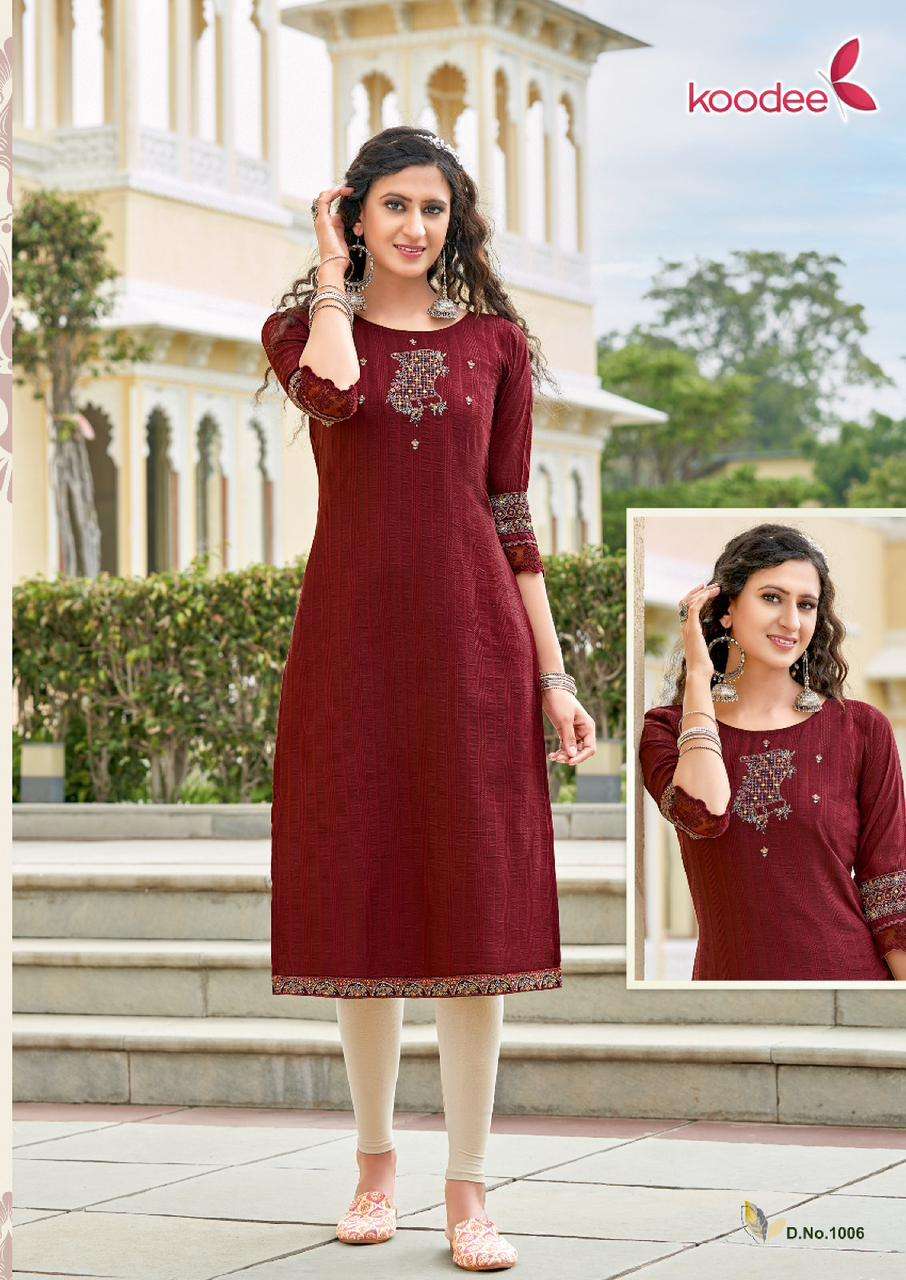 Juhi Vol-1 By Koodee 1001 To 1006 Series Designer Stylish Fancy Colorful Beautiful Party Wear & Ethnic Wear Collection Chinnon Embroidered Kurtis At Wholesale Price