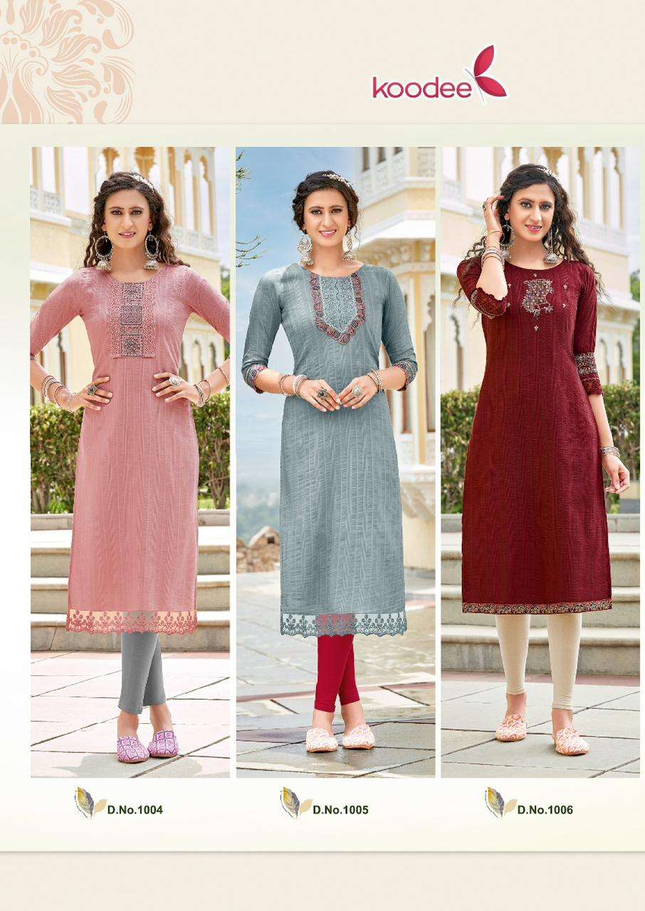 Juhi Vol-1 By Koodee 1001 To 1006 Series Designer Stylish Fancy Colorful Beautiful Party Wear & Ethnic Wear Collection Chinnon Embroidered Kurtis At Wholesale Price