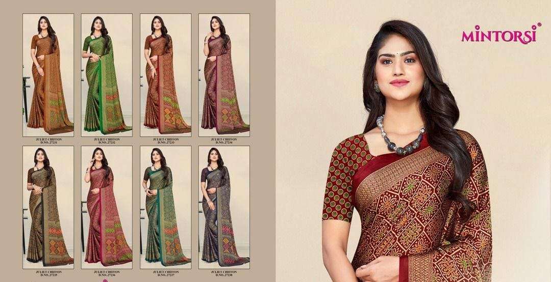 JULIET CHIFFON BY MINTORSI 27231 TO 27238 SERIES INDIAN TRADITIONAL WEAR COLLECTION BEAUTIFUL STYLISH FANCY COLORFUL PARTY WEAR & OCCASIONAL WEAR FANCY SAREES AT WHOLESALE PRICE