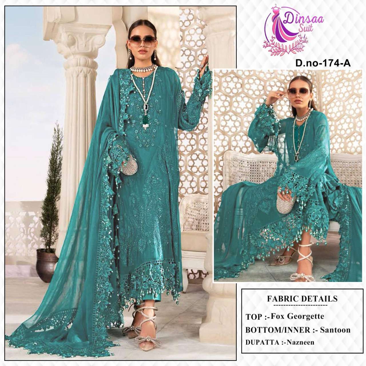Dinsaa Hit Design 174 Colours By Dinsaa Suits 174-A To 174-C Series Beautiful Stylish Pakistani Suits Fancy Colorful Casual Wear & Ethnic Wear & Ready To Wear Faux Georgette Embroidered Dresses At Wholesale Price