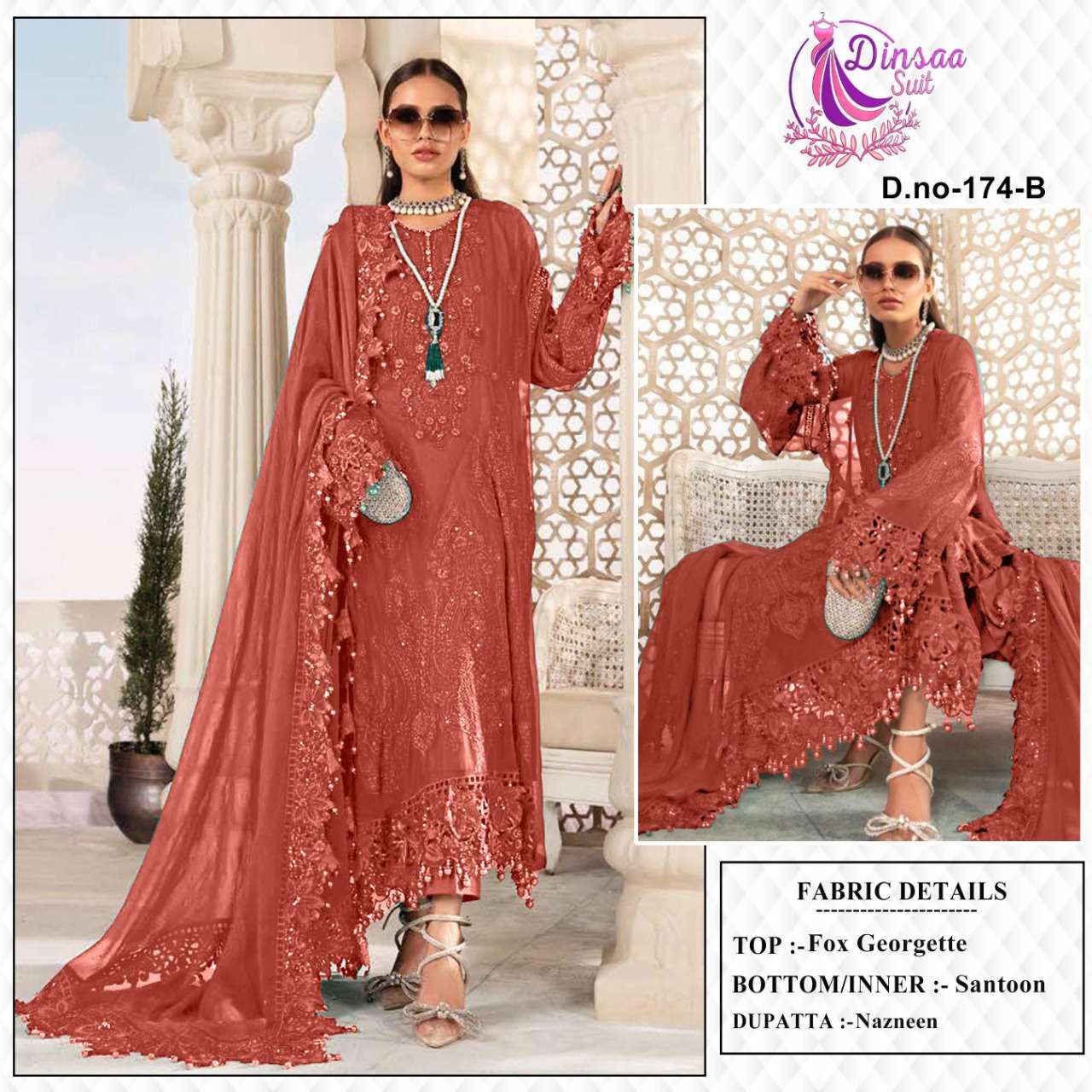 Dinsaa Hit Design 174 Colours By Dinsaa Suits 174-A To 174-C Series Beautiful Stylish Pakistani Suits Fancy Colorful Casual Wear & Ethnic Wear & Ready To Wear Faux Georgette Embroidered Dresses At Wholesale Price