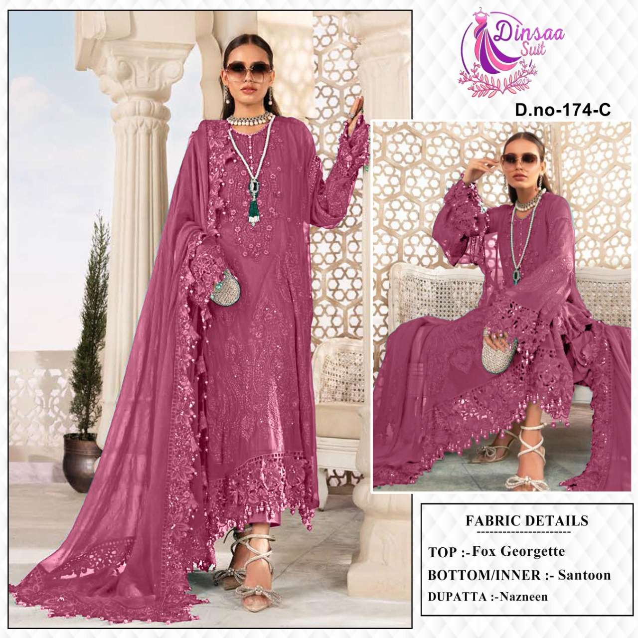 Dinsaa Hit Design 174 Colours By Dinsaa Suits 174-A To 174-C Series Beautiful Stylish Pakistani Suits Fancy Colorful Casual Wear & Ethnic Wear & Ready To Wear Faux Georgette Embroidered Dresses At Wholesale Price