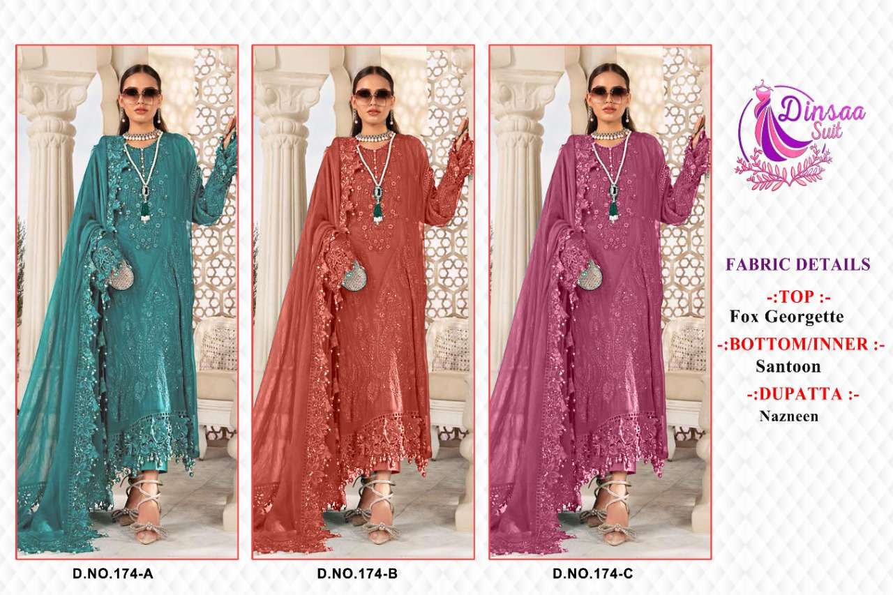 Dinsaa Hit Design 174 Colours By Dinsaa Suits 174-A To 174-C Series Beautiful Stylish Pakistani Suits Fancy Colorful Casual Wear & Ethnic Wear & Ready To Wear Faux Georgette Embroidered Dresses At Wholesale Price