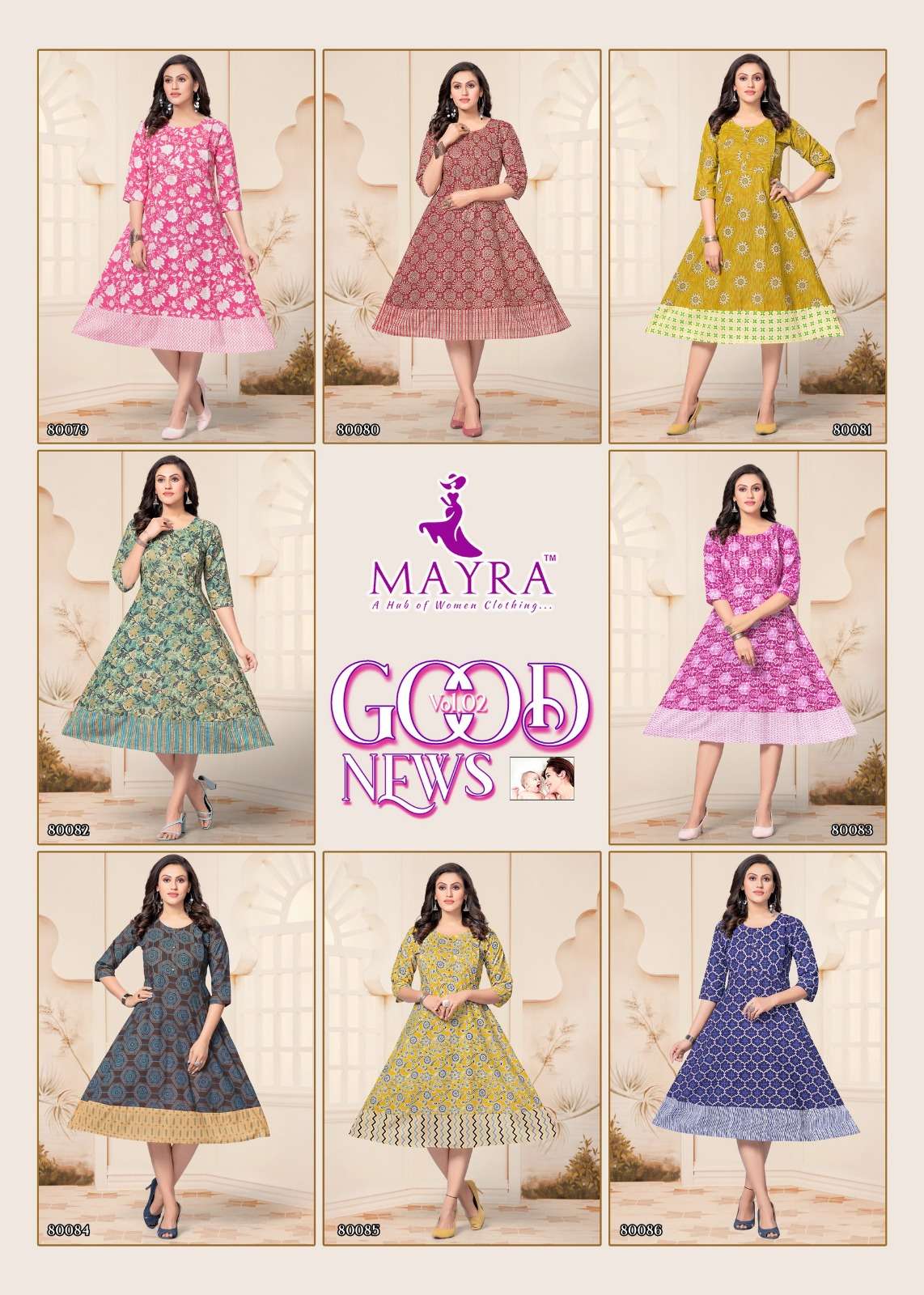 GOOD NEWS VOL-2 BY MAYRA 80079 TO 80086 SERIES DESIGNER STYLISH FANCY COLORFUL BEAUTIFUL PARTY WEAR & ETHNIC WEAR COLLECTION PURE CAMBRIC COTTON KURTIS AT WHOLESALE PRICE